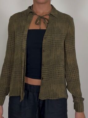 Vintage 100% Silk Olive Green Tie Neck Blouse Button Down Lightweight Sheer